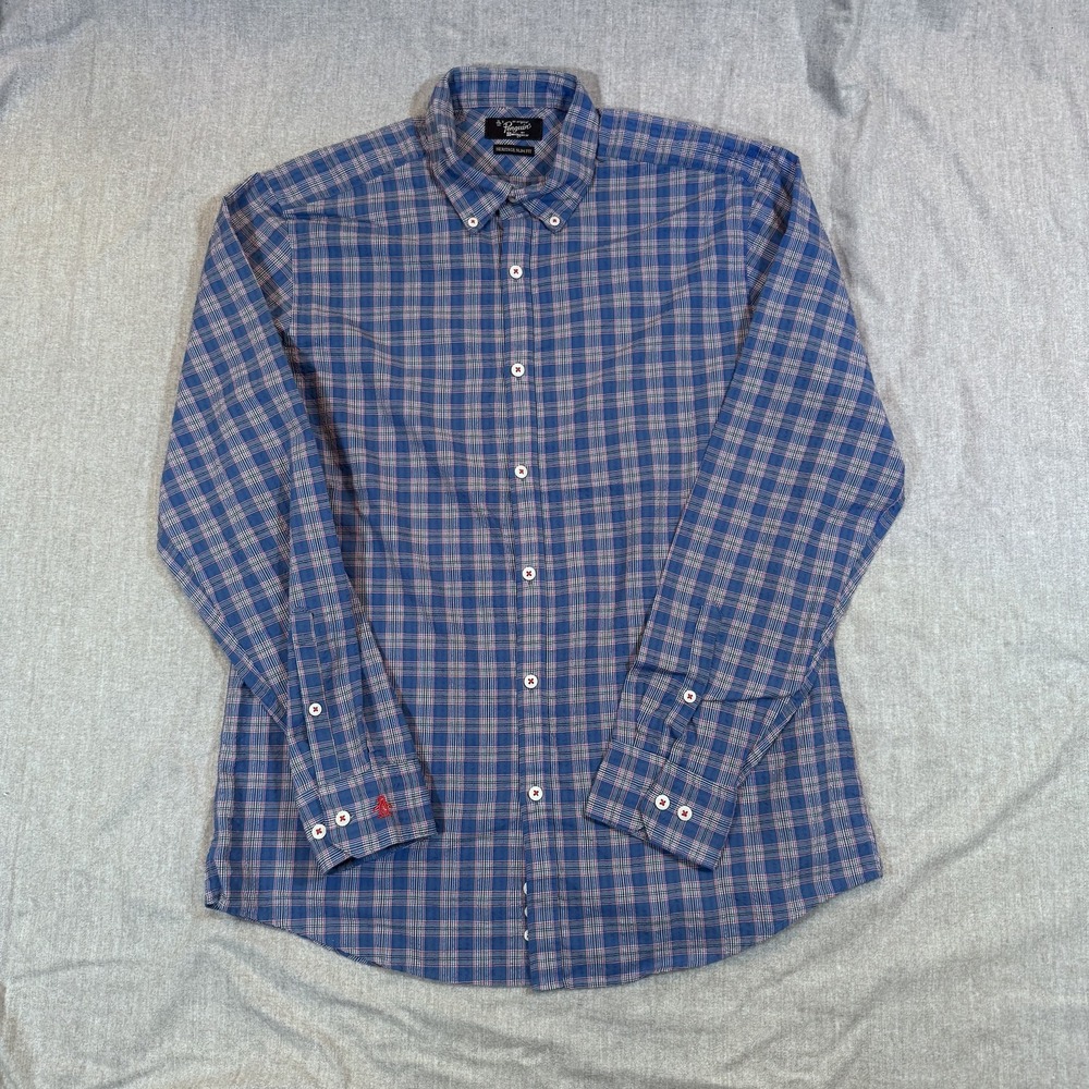 Penguin Munsingwear Shirt Mens 16 34/35 Large Blue‎ Red Plaid Heritage Slim Fit